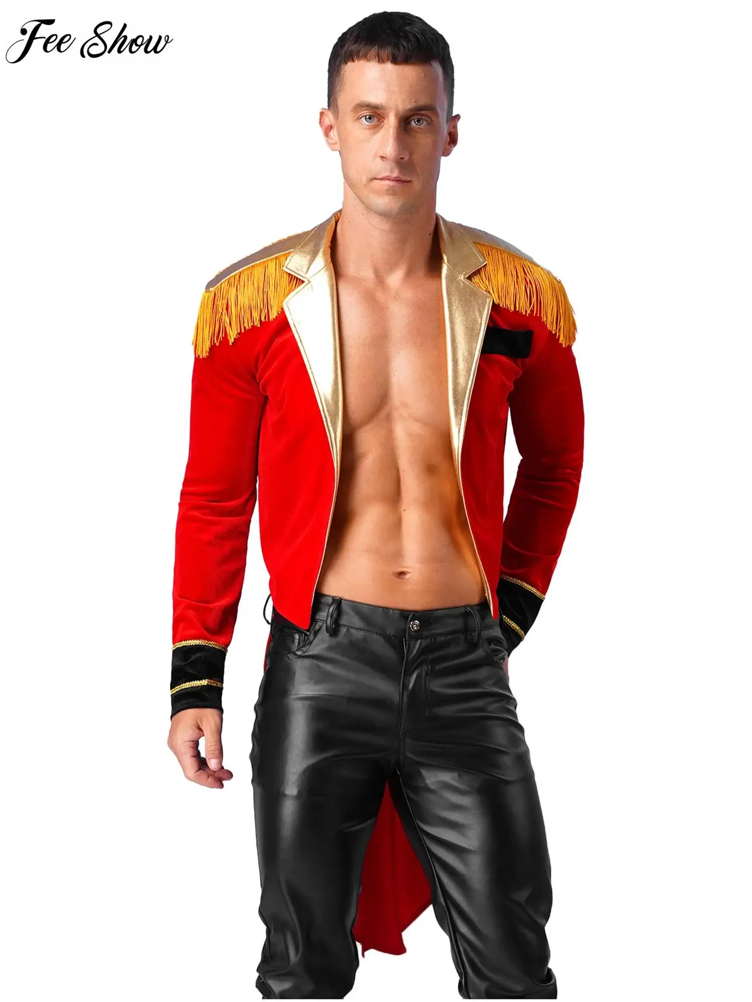 

Mens Circus Ringmaster Costume Long Sleeve Metallic Lapel Showman Jacket Halloween Tailcoat Tassel Velvet Swallow-Tailed Coat