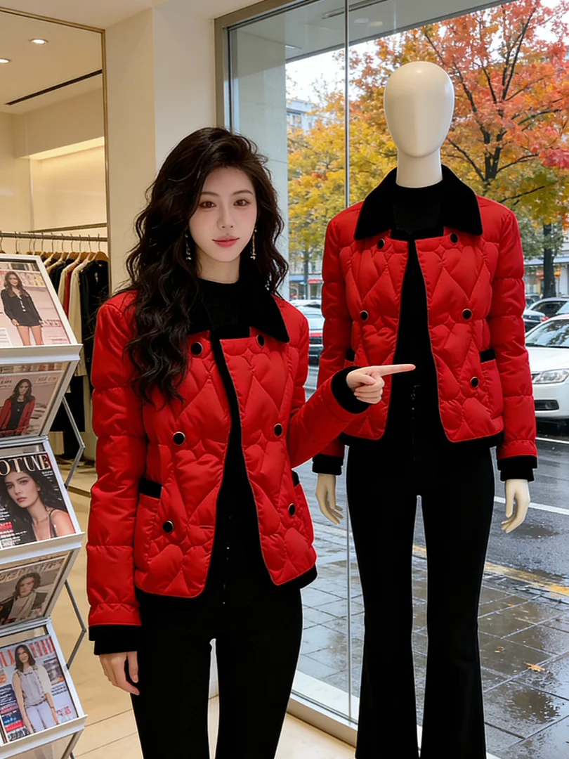 

Sli Red Thiened Warm Cotton Jaet ort Quilted Outerwear Winter Clothes Korean Sle Small Size Coat for Women