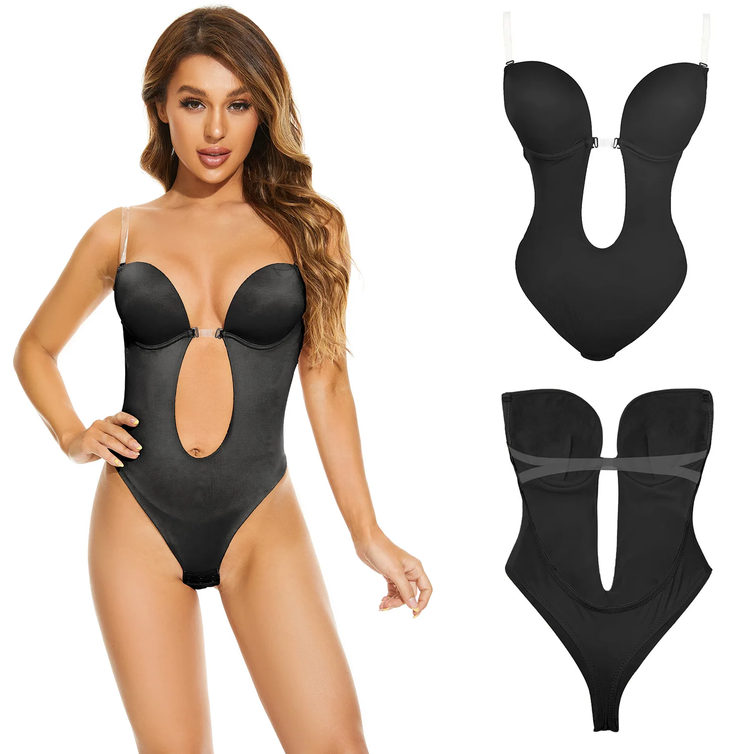 One-Piece Deep V-Neck Push Up Body Shapewear Bodysuit Women's Thong Bottom Underwear Slimming U-Shaped Low Back Backless Corset