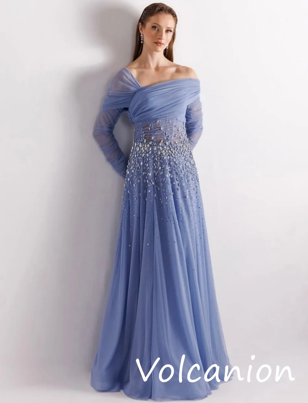 Customized Modern Style Chiffon Sequined Pleat A-line Off-the-shoulder Long Dresses Bespoke Occasion Sparkle
