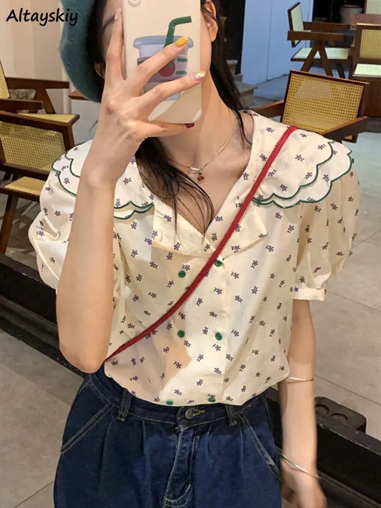 

Sweet Floral Shirts Women Summer Simple Fashion Casual Ins Vintage Chic Loose All-match Students Peter Pan Collar Tender Elegant