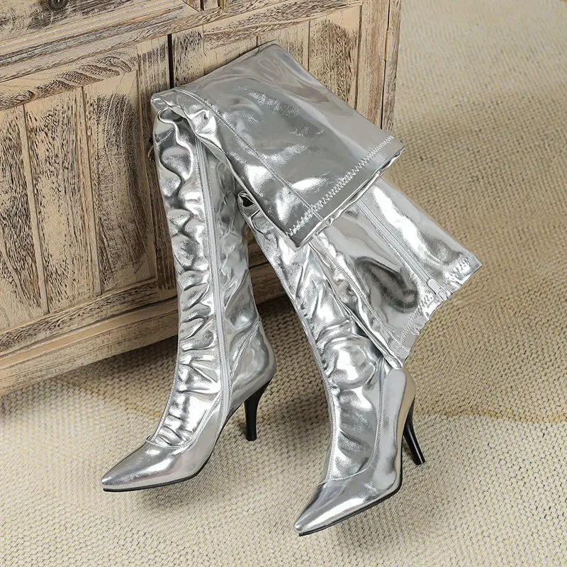 Over-the-knee Boots Big Size 48 Patent Leather Gold Silver Pointed Toe Stiletto High Heels Inner Zip Shiny Party Long Boots 13-7 - view 6