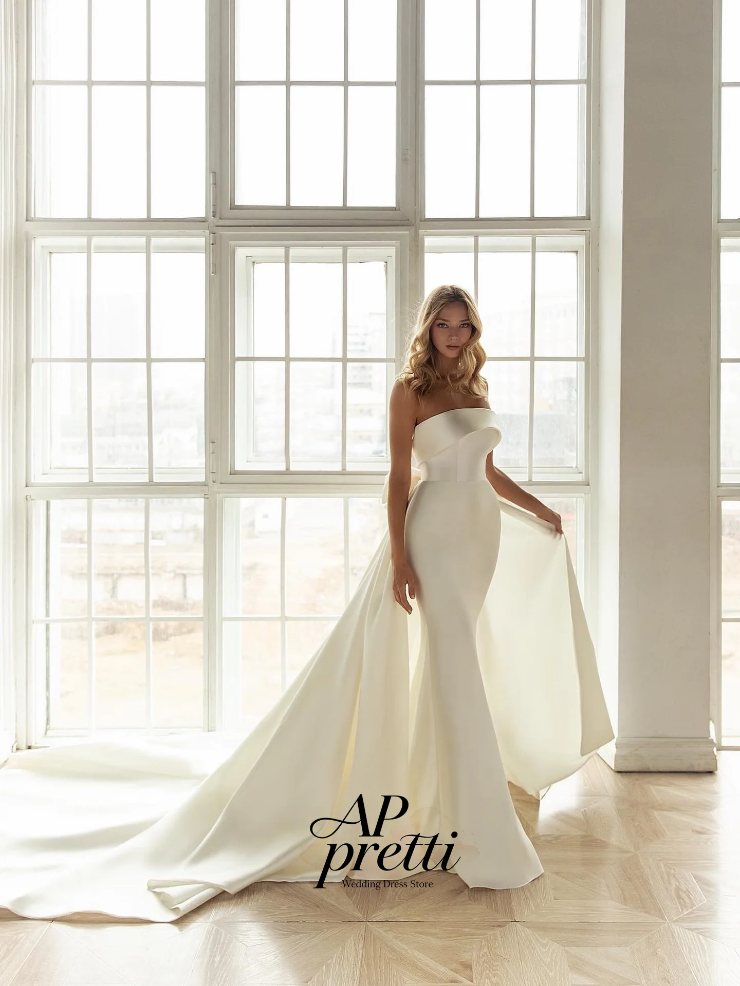AP Pretti Ivory Satin Wedding Dress Strapless Customized Sleeveless A-line Chapel Train Floor-Length Bridal Wedding Party Dress