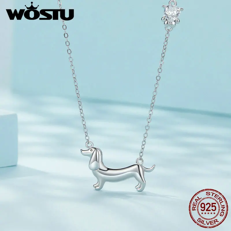 WOSTU Solid 925 Sterling Silver Cute Dachshund Dog Pendant Necklace S925 Animal Pet Paw Zircon Links Necklace Girl Birthday Gift