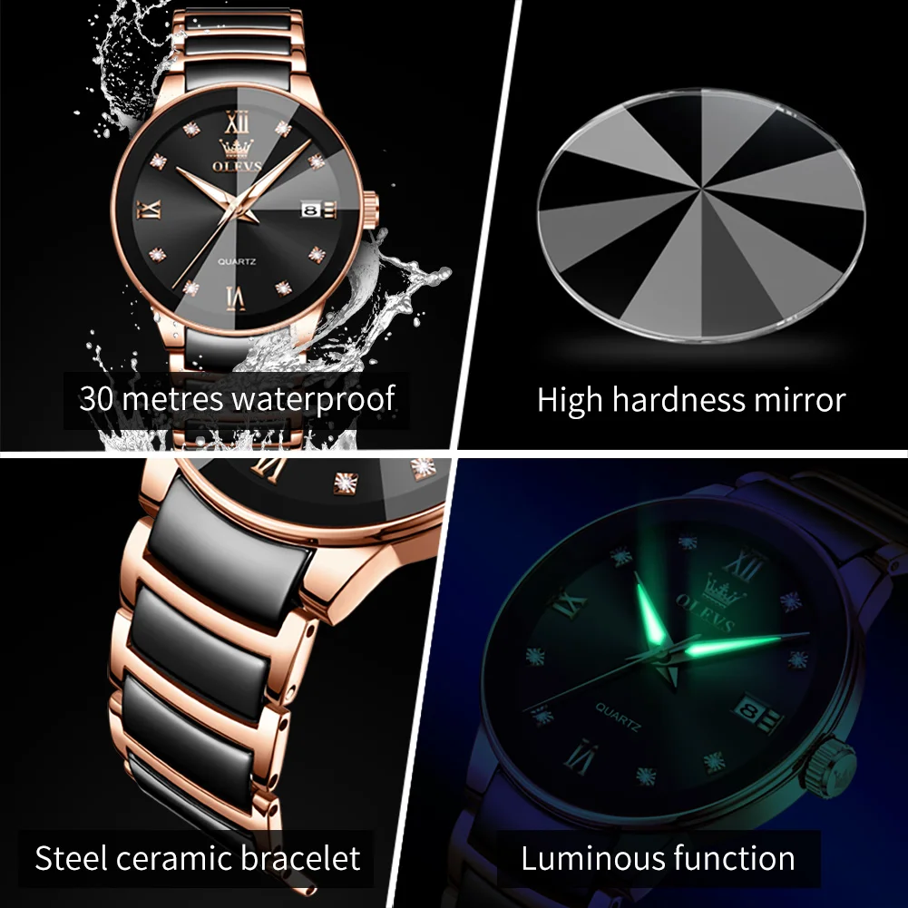 OLEVS 7114 Man Watch Original Ceramic Strap Auto Date Waterproof Luminous Fashion  Quartz Diamond Watch for Men