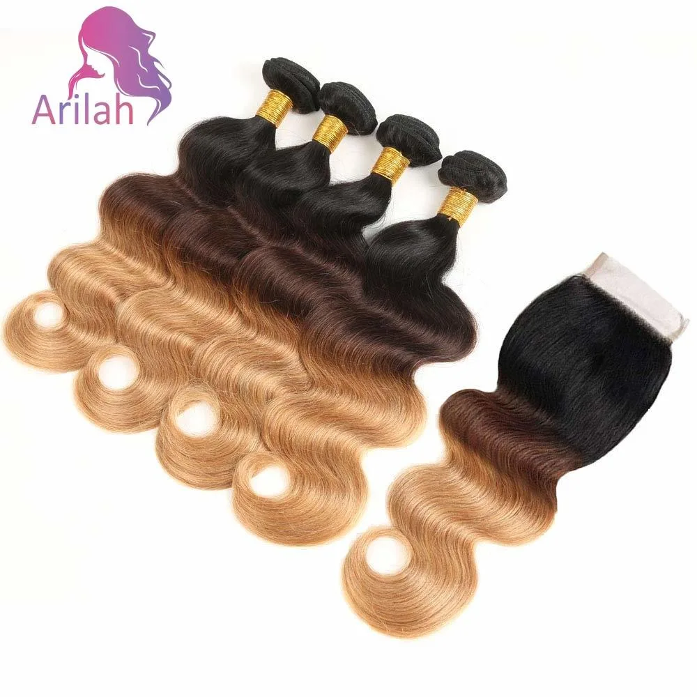 

Пучки человеческих волос Ombre с застежкой Объемная волна T1B/4/27, 100% необработанные бразильские пучки натуральных волос с застежкой, 3 тона