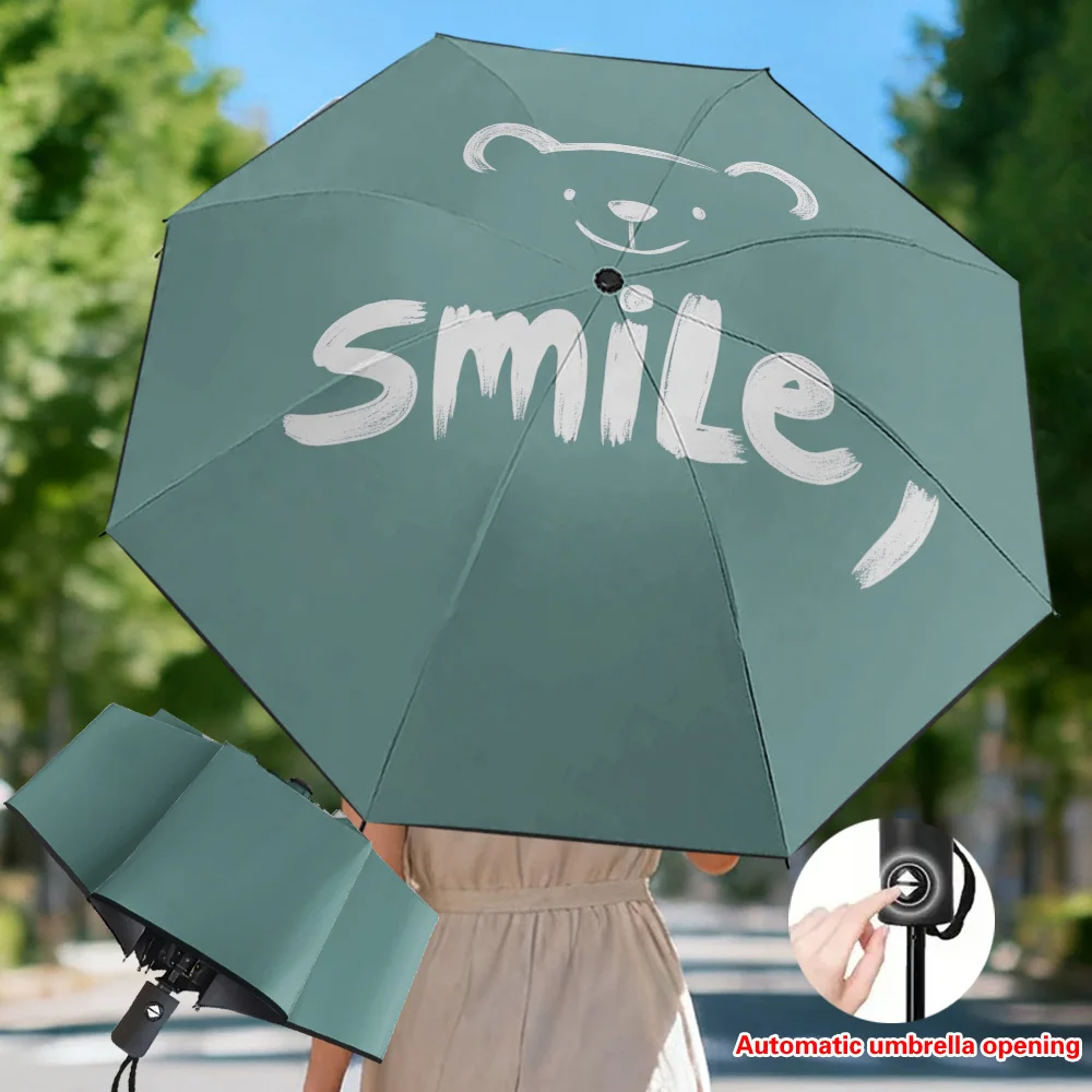 

1pc Automatic Folding Umbrella with Cute Bear & joyful Face Design - -Resistant Windproof 8-Rib Frame, Self-Opening Compact Po