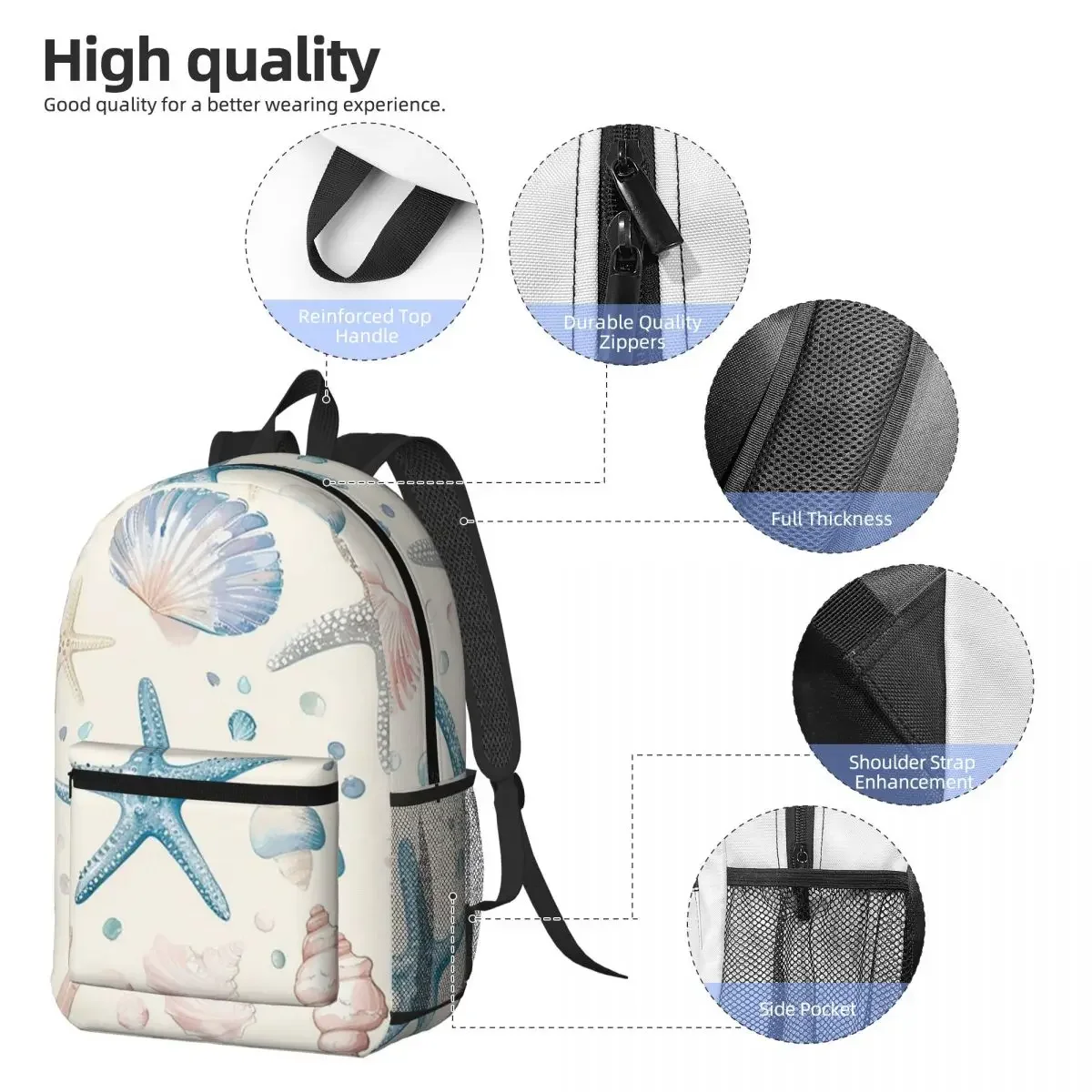 Beachthemed Starfish Shell Pattern Backpack Student BookBag Children School Bag Laptop Shoulder Bags for Men Women
