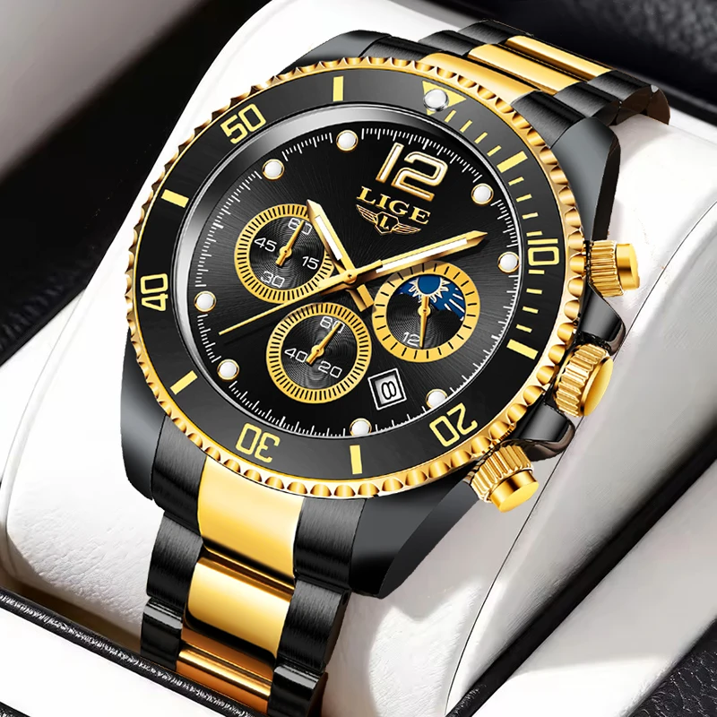 

LIGE Business Men Watch Fashion Stainless Steel Waterproof Watch For Men Moon Phase Quartz Chronograph Luminous Wristwatches
