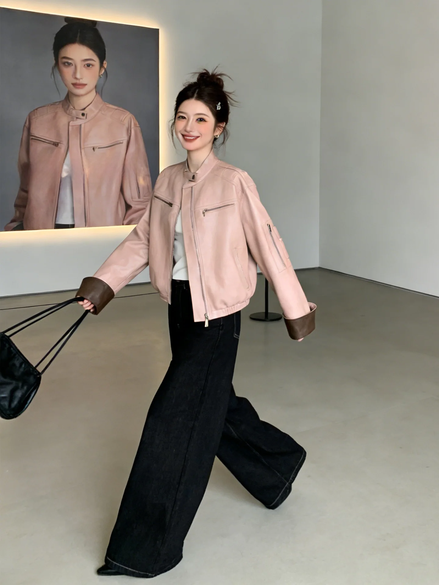 Jaqueta Feminina Retrô Americana Rosa de Couro Estilo Motoqueira, Coleção Primavera 2026, Design Moderno e Elegante, Corte Ajustado, Agasalho de Algodão