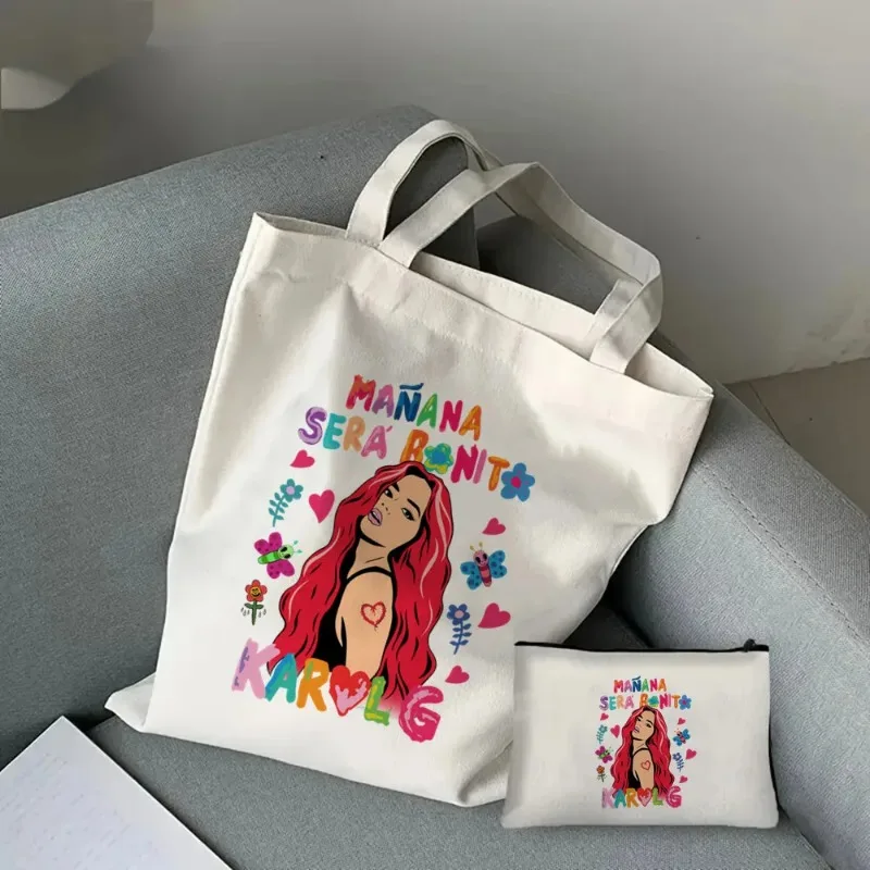 

2pcs Karol G Cosmetic Bag Ladies Handbag Canvas Shoulder Bag Large Capacity Eco Fashion Shopping Bag Cosmetic Storage Bag