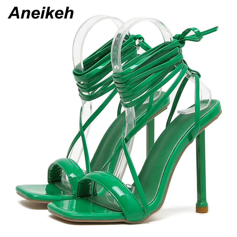 Aneikeh NEW Summer Thin Heel Square Toe Cross-tied Heeled sandals Heel High Heel Sexy Sandals Narrow Band Stripper Shoes Lace-Up