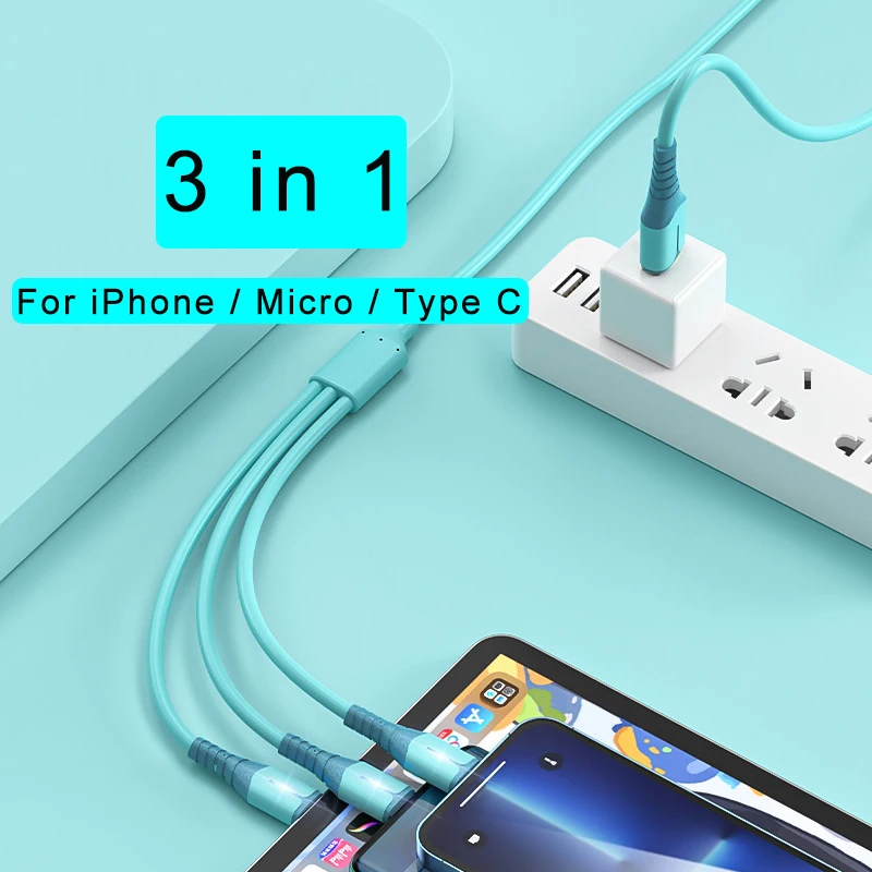 3 in 1 66W USB Fast Charging Cable For iPhone 14 Samsung Xiaomi Huawei Phone Charger Cable USB Type C Micro USB Lightning Cord