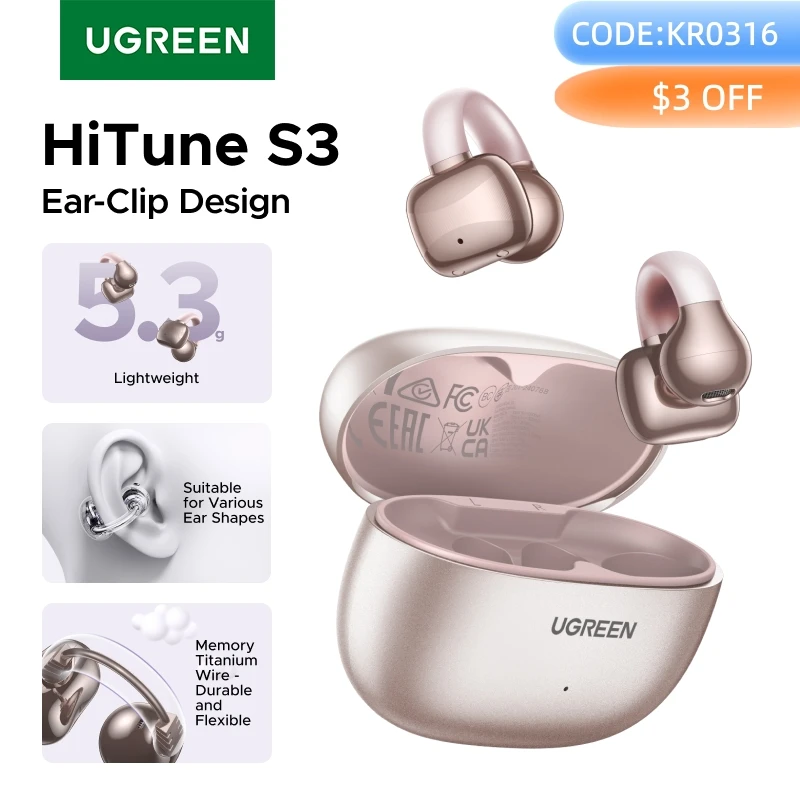 UGREEN Open Ear Clip Wireless Earbuds Bluetooth Sports Earphones Headphones in Mic with Earhooks & Ear Hook