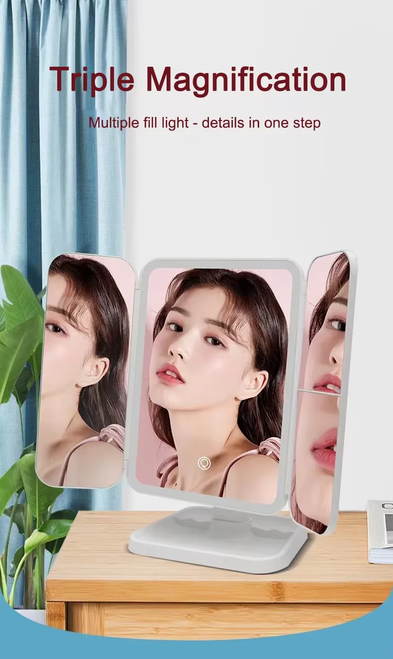 Espelho de três lados com luz LED Espelho de maquiagem Mesa de penteadeira Mesa de maquiagem com luz LED