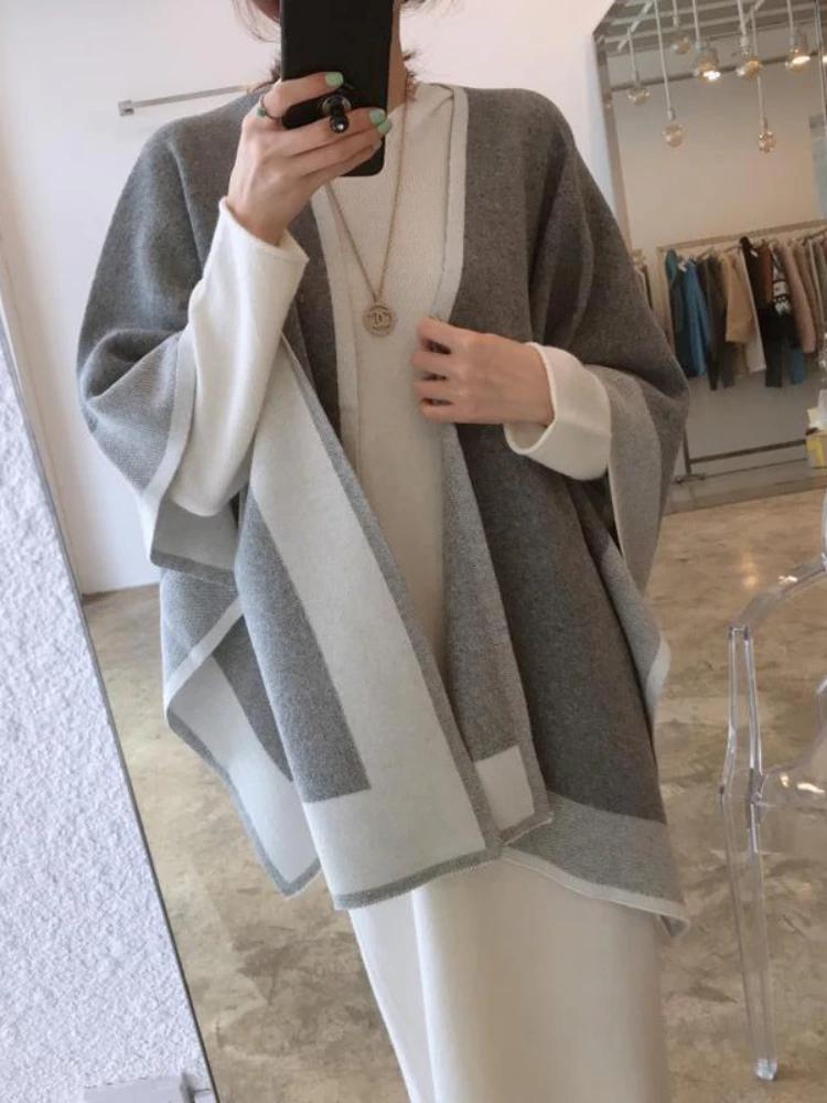 Korean Winter New Vintage French Contrast Knitted Shawl Scarf Cloak Sweater Coat Women Clothes sweater