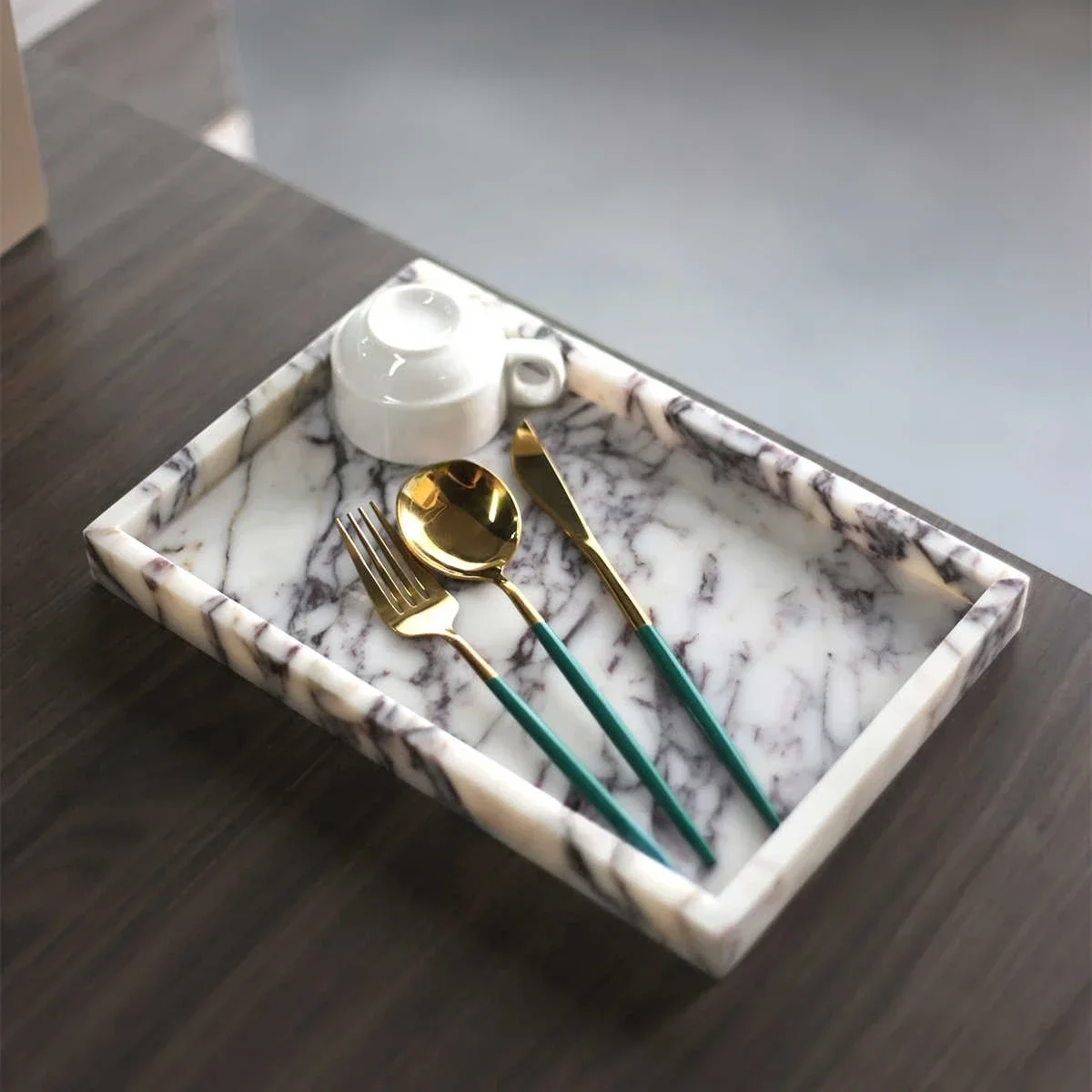 30x20x3CM 100% Natural de lujo Calacatta Viola piedra de mármol púrpura Travertino rectángulo Catchall artículos diversos bandeja para servir contenedor