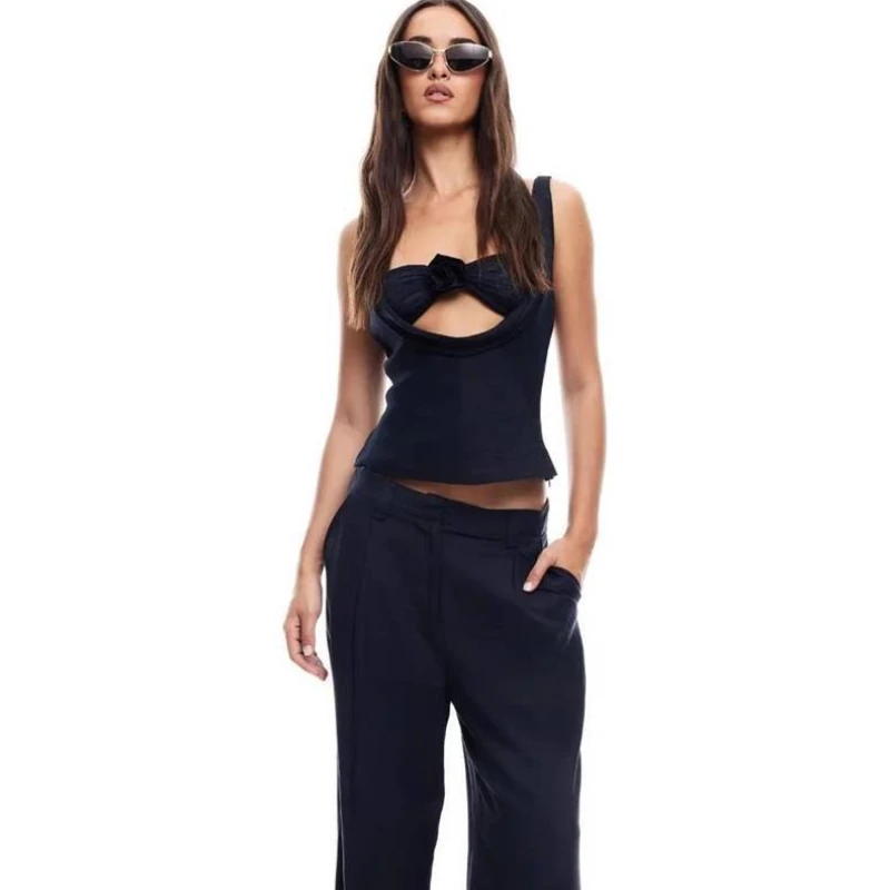 Lioness sexy linen three-dimensional flower lace halter two-piece top and trousers straight, loose