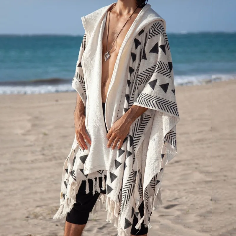 

Casual Men's Beachwear Hooded Sun Protection Vaion Sle Versatile Printed Tassel Robe Long Loose Fit Youth Summer Coat