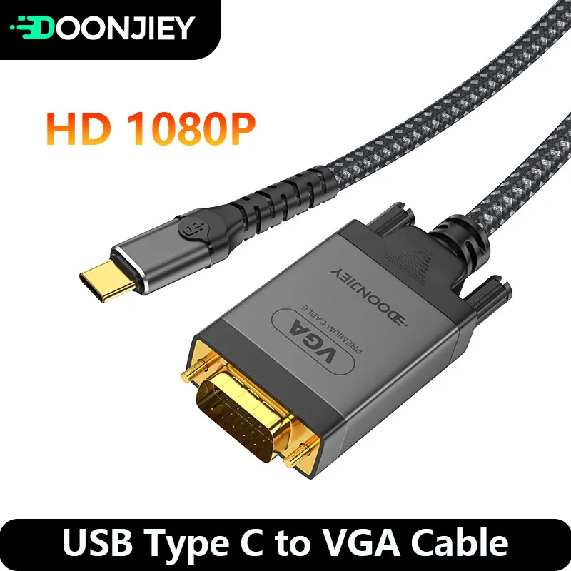 2m USB C To VGA Cable HD1080P Type C Male to VGA Male Converter Adapter Gold-Plated Nylon Braid For iPhone Xiaomi Laptop Monitor