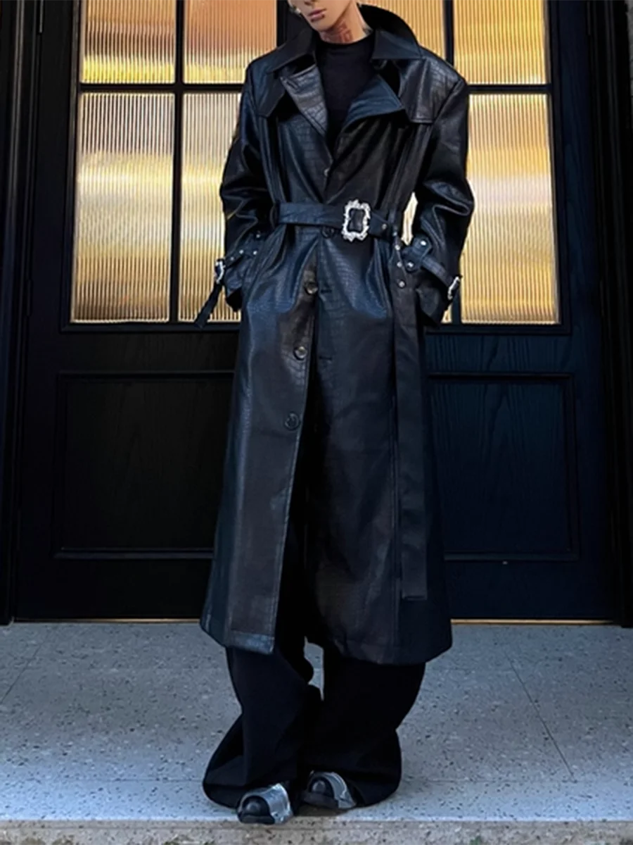 TWOTWINSTYLE Solid Spliced Single Brasted Leather Trenchs for Women Lapel Long Sleeves Patchwork Belts Fashion Trench Female New