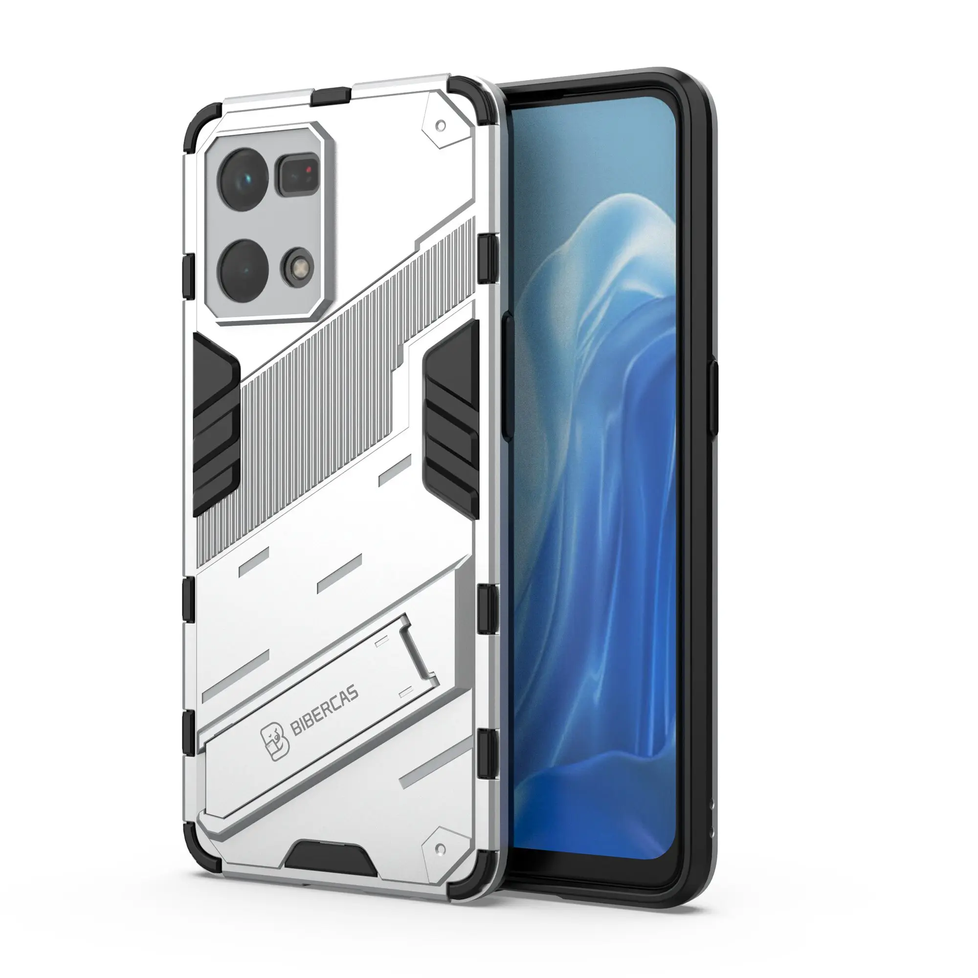 

For Oppo Reno7 4G Back Case Kickstand PC Soft TPU Phone Cover - White