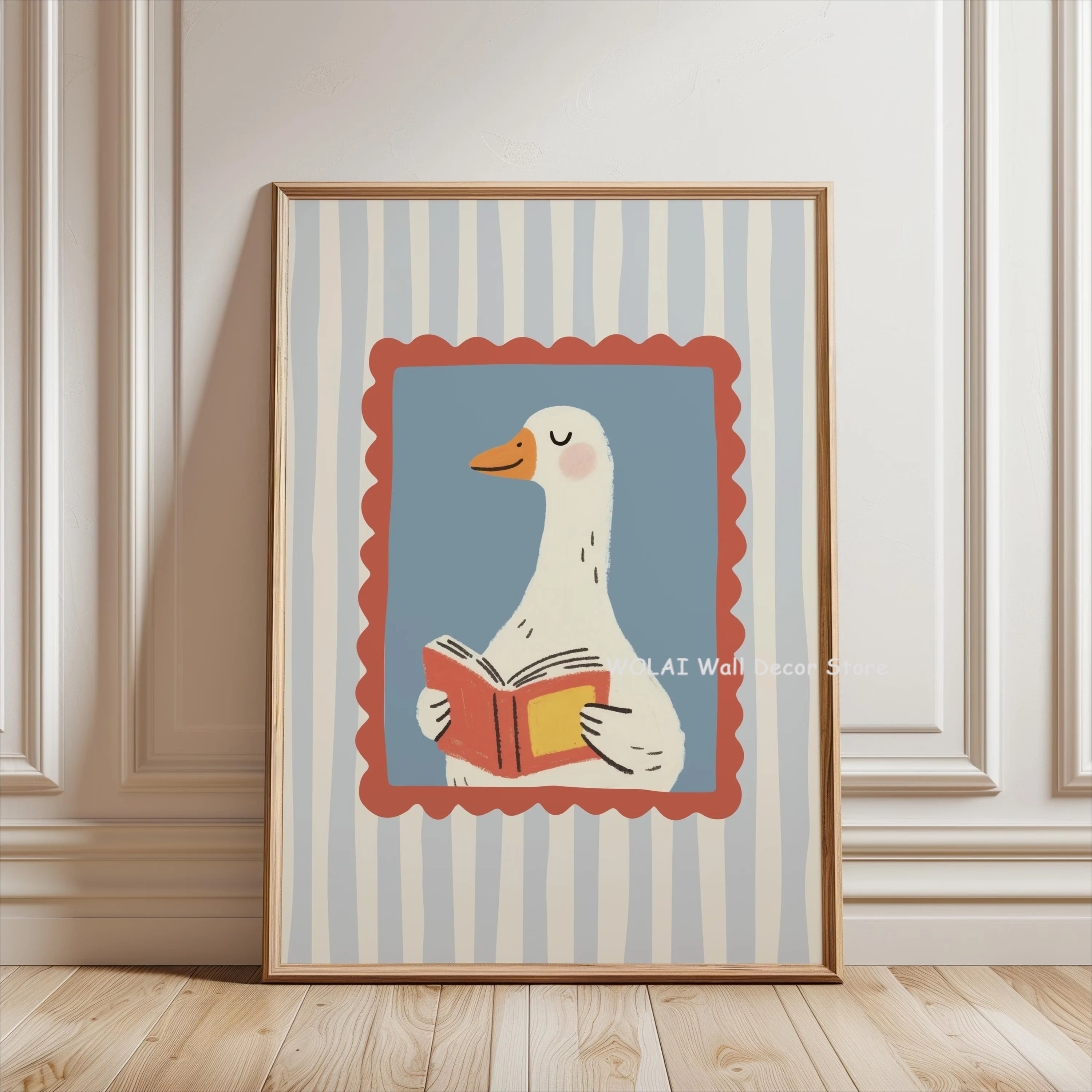 Cute Chicken & Skateboard Dog Bear Striped Canvas Print Funny Goose Reading Animal Nursery Wall Art Poster for Modern Home Decor