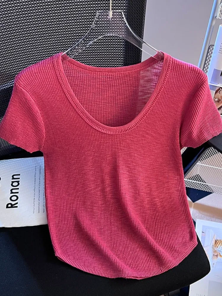 

Облегающая футболка ort Sve U-Ne, женская корейская футболка с асимметричным дуговым ботом, однотонный летний топ для горячих девушек