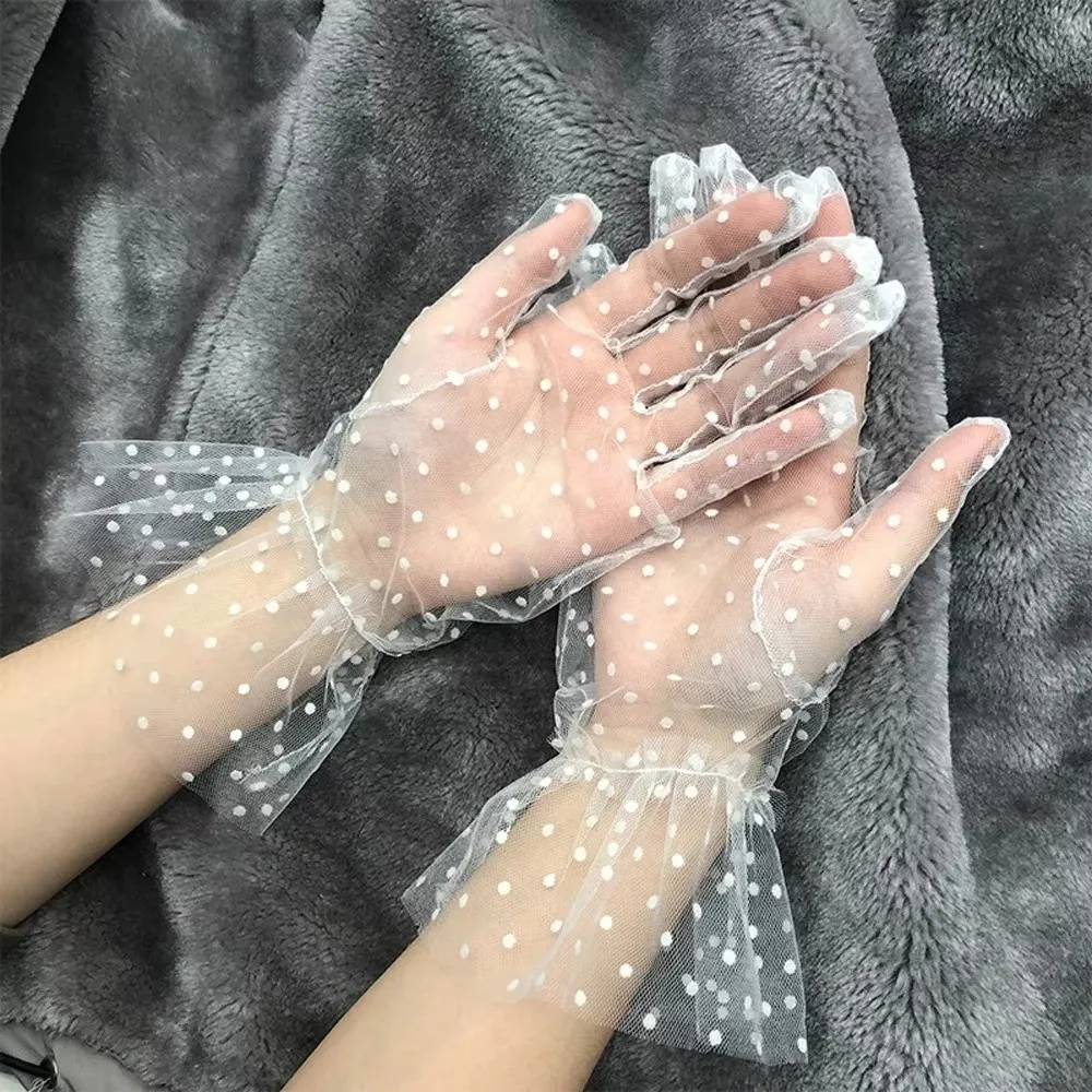 Elegant Ultra Thin Tulle Polka Dot Gloves Transparent Full Finger Lace Mesh Gloves Breathable Wedding Party Mittens Bride