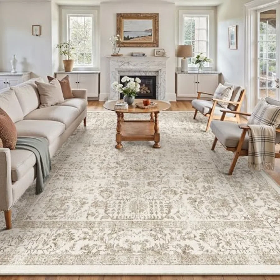 

Light Brown Area Rug 10x14 Machine Washable Large Vintage Living Room Distressed Non Slip Carpet Traditional Indoor Bedroom Ret