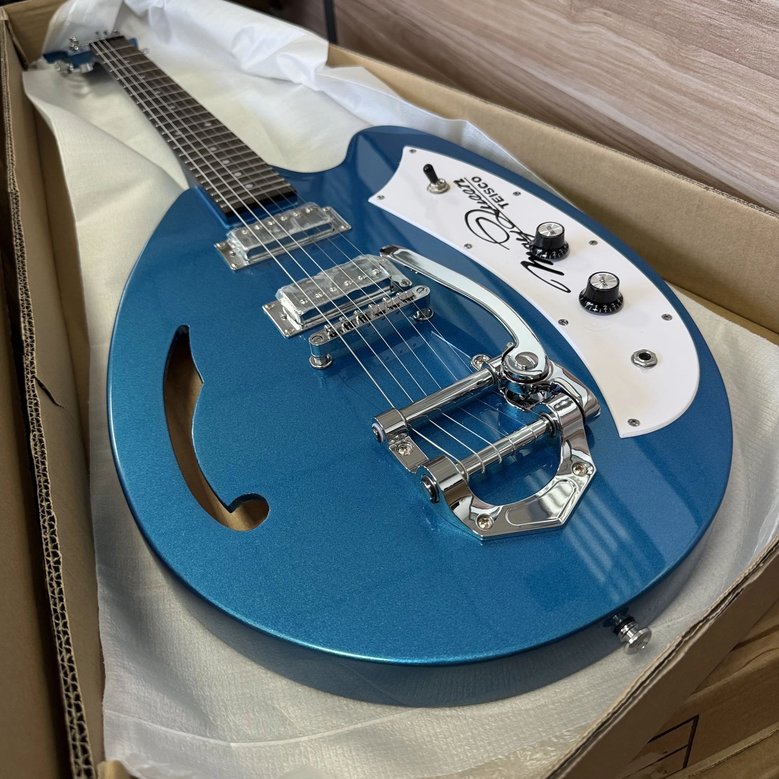 Waterdrop Round Electric Guitar Semi-Hollow Structure F-Hole Metal Blue Body White Irregular Guard Plate Christmas Gifts