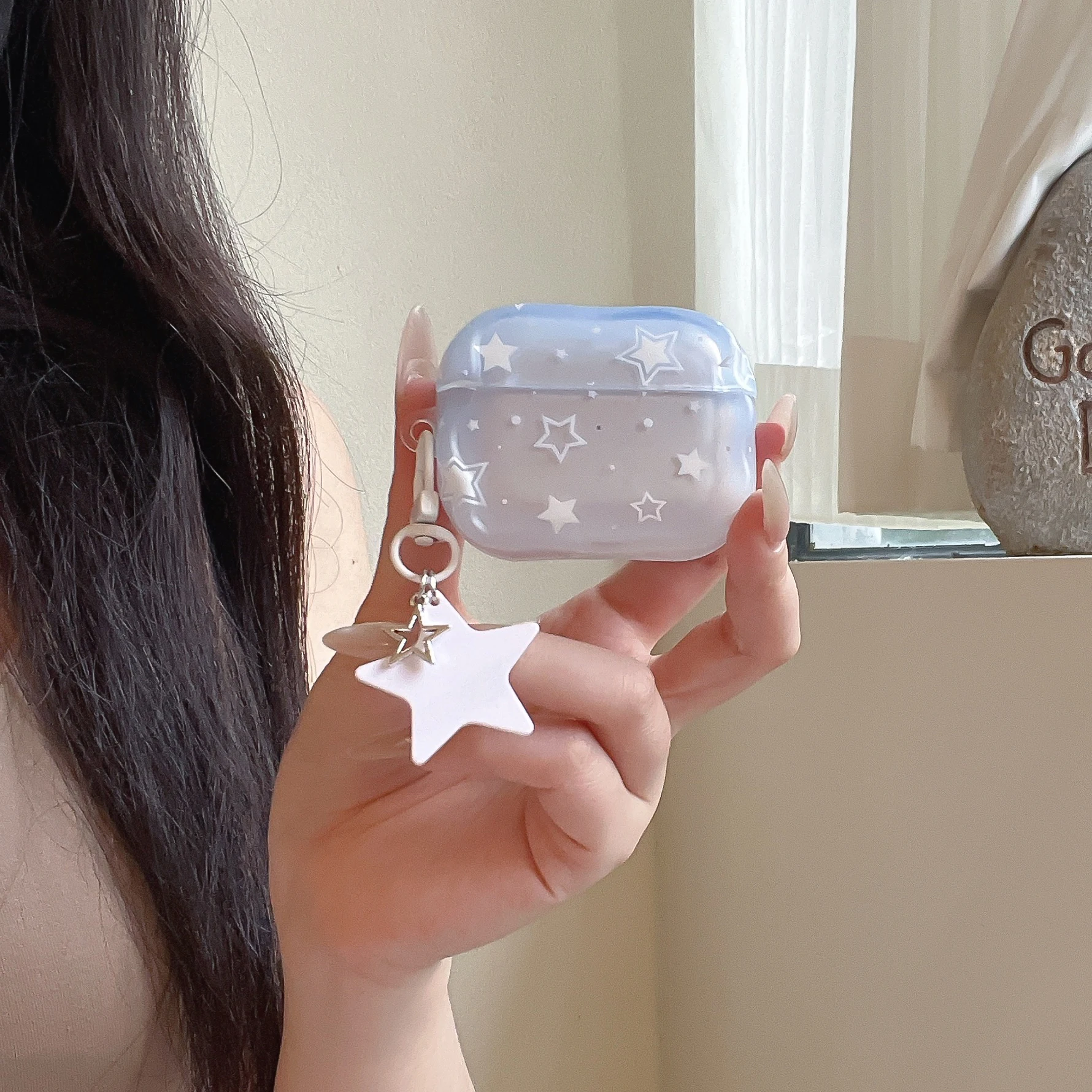 Korean-Style White Star Pattern Transparent Blue Gradient Tetragonum Earphone Case Cover Case For AirPods 2 3 4 5 Pro Pro2 Pro3 - view 3