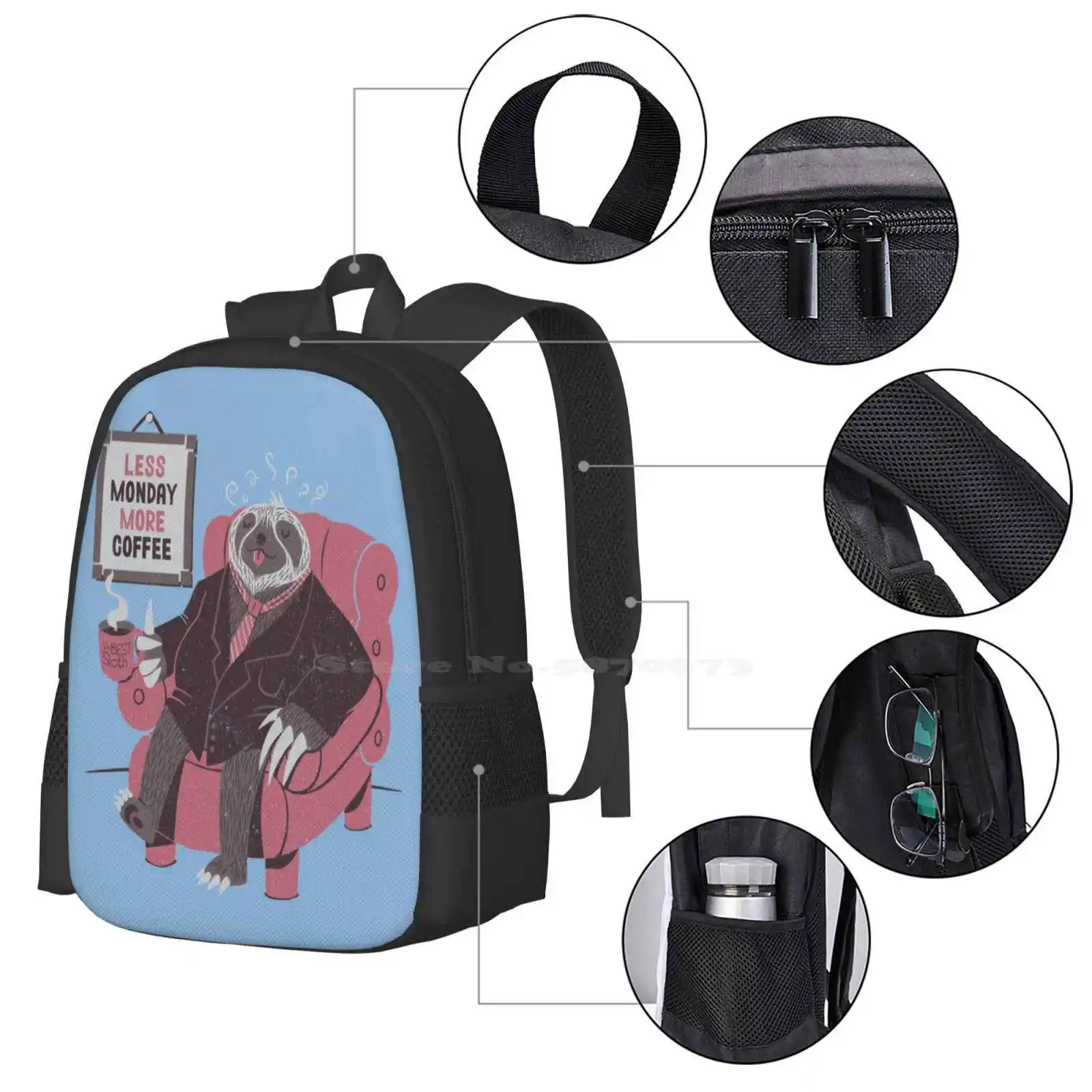 Lunedì modello design bagpack borse da scuola lunedì bradipo animali caffè amante del caffè carino divertente pigro personalizzato economico Tobias Fonseca