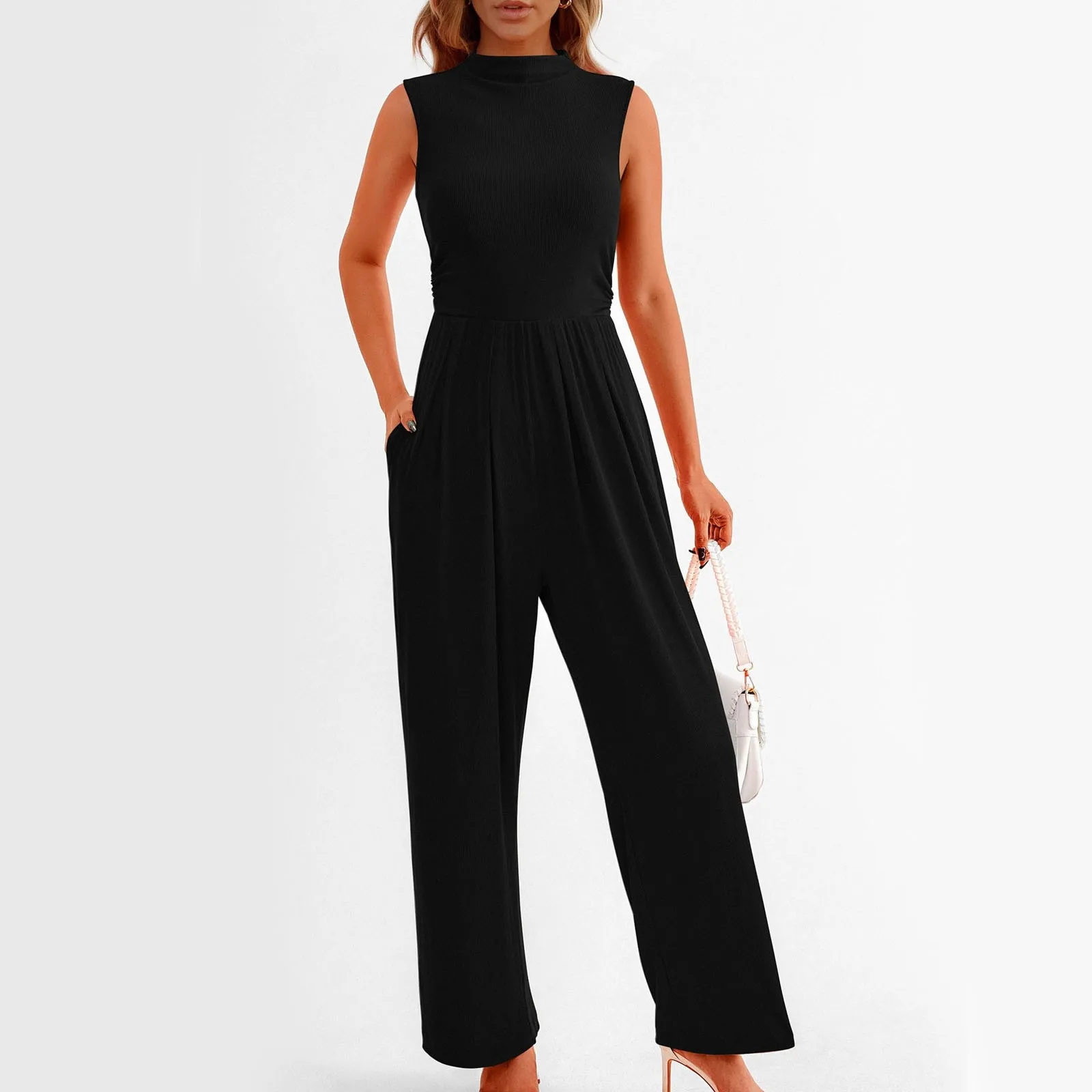 Tank Jumpsuits Casual Fashion Round Collar High Waist Loose Wide Leg Jumpsuits Solid Daily Commuting Comfy Rompers With Pockets