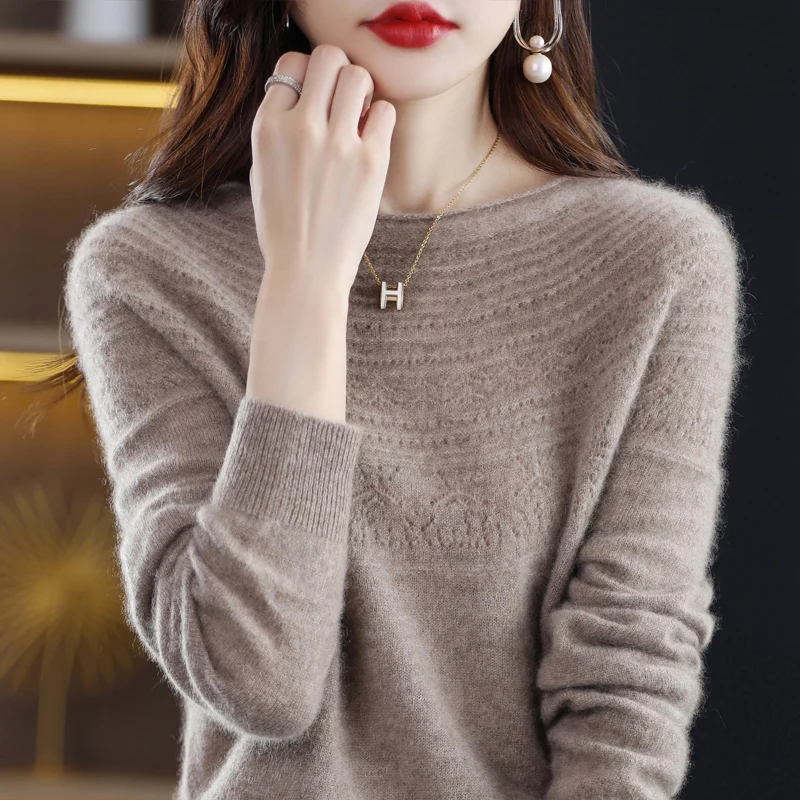 100% merino wool seamless cashmere sweater ladies O-neck pullover autumn and winter new knitted ground twisted wool sweater