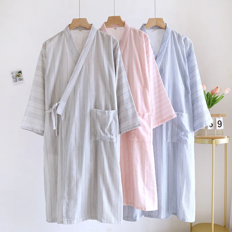 

100% Cotton Gauze Couple Bathrobe Ladies Nightgown Sleepwear Striped Men's Loose Large Size Yukata Shower Robe
