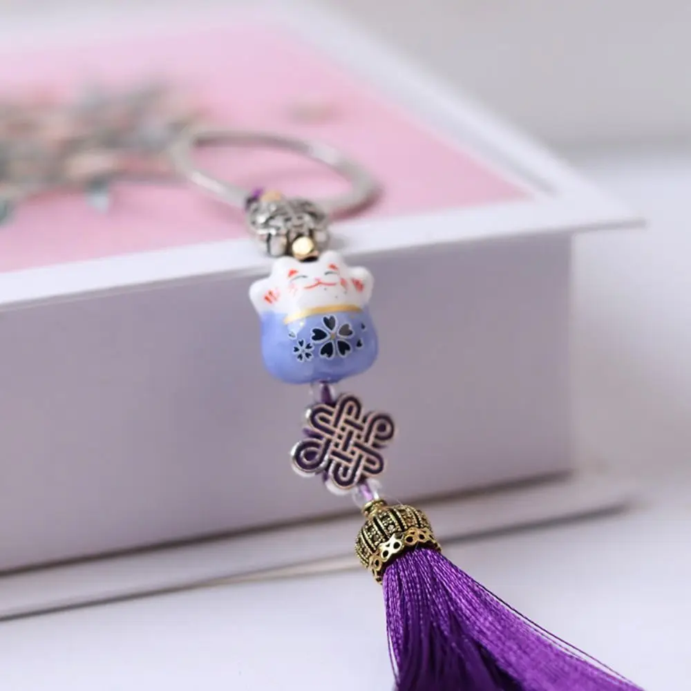 حقيبة سحر قلادة الصينية عقدة عشوائية شرابة محظوظ القط المفاتيح النسيج سلسلة مفاتيح مفتاح حامل محظوظ القط كيرينغ #6