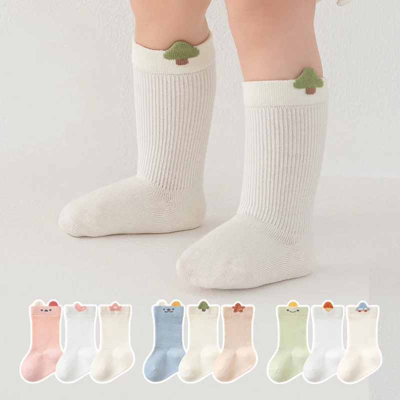 

3 Pairs Baby Socks Cute Cartoon Children Socks Solid Color Kids Socks Soft Mid Tube Newborn Socks For Boys And Girls