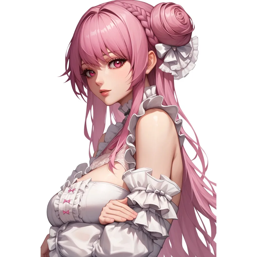 2D Flat Pink Hair Maid Anime Girl Vinyl Sticker, Weatherproof Decal for Car Window Laptop Water Bottle Decor, Holiday Gift