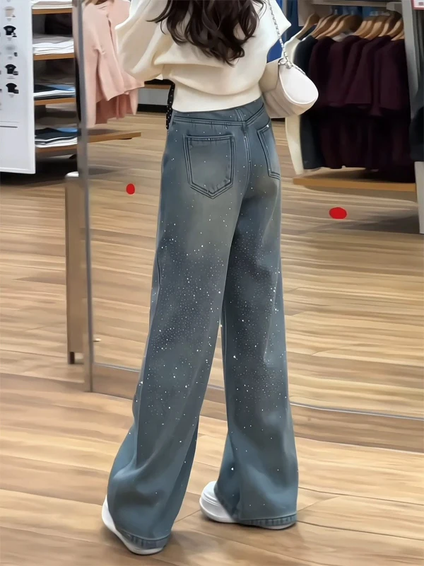 iny Fce Lined Wide Leg Jeans Loose Fit Thi Autumn Winter High Waist Commute Sle Water Waed Vintage Diamond Embelli...