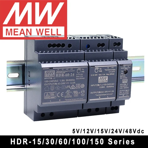 Imagen 1 del producto Mean Well-Fuente de alimentación original, dispositivo ultradelgado en forma de paso con carril DIN, HDR-15, serie 30, 60, 100, 150, CC 5V, 12V, 15V, 24V y 48V