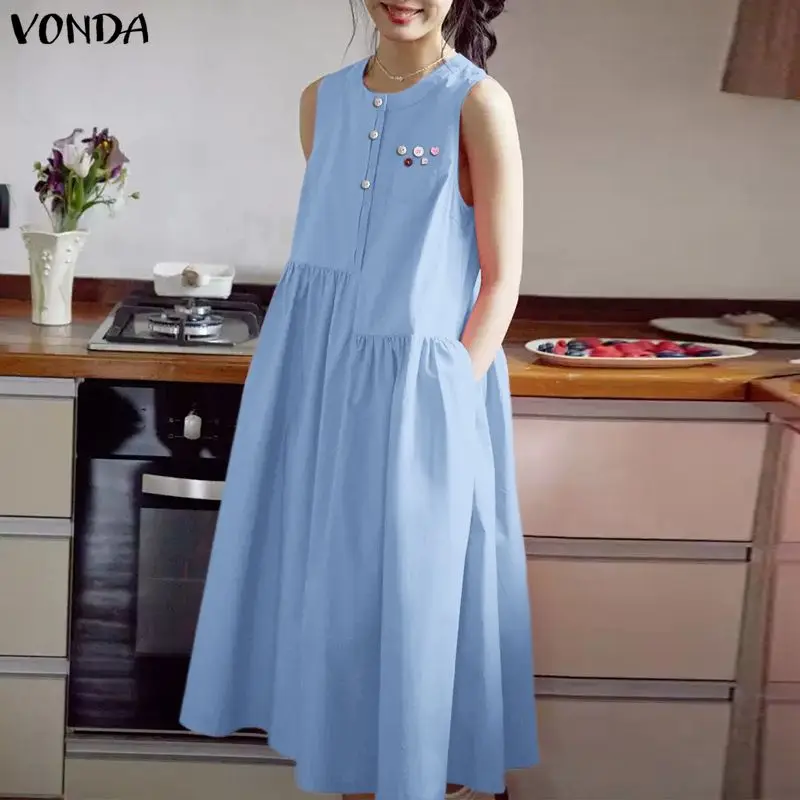 

VONDA Summer Sleeveless Women Dress Fashion Solid Color Buttons Long Dress O Neck OL Work Party Vestidos Casual A-line Sundress