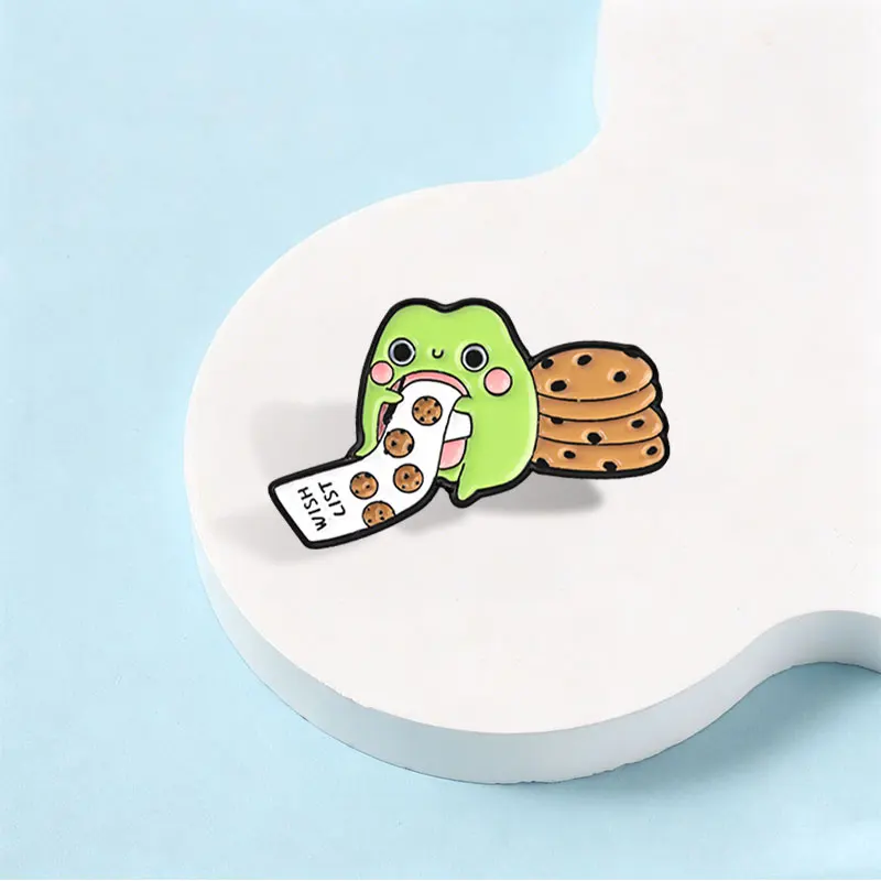Niedlicher Cartoon-Frosch, der einen Keks isst, Wunschliste-Emaille-Abzeichen, Kawaii Foodie Cartoon-Pin, Schmuckzubehör, Geschenke für Freunde – Detail 6