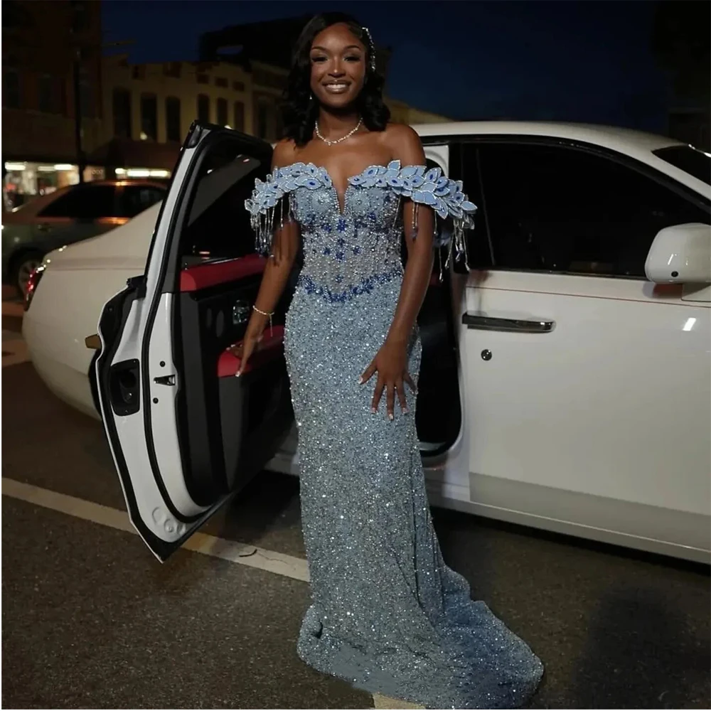 

Customized Rhinestone Mermaid Prom Dress for Black Girls Off the Shoulder Sequin Homecoming Dress Bead Long Birthday Party Gown