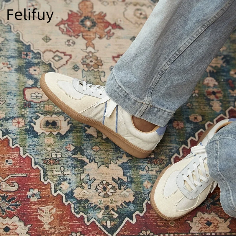White Flat Men's Shoes Lace Up German Training Shoes Genuine Leather Breathable Casual Jogging Shoes Fashionable Trendy Loafers