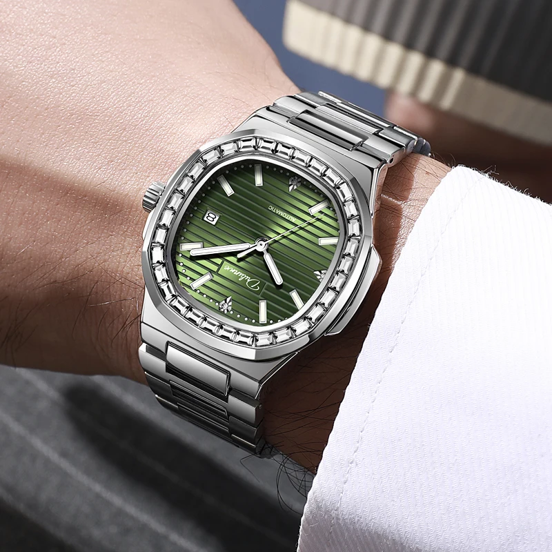 Luxury Rhinestone Bezel Green Automatic Mechanical Watch Men Waterproof Luminous Calendar Mens Watches relogios masculino