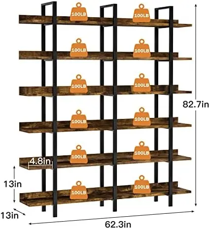 83Inch Industrial Bookshelf and Bookcase, Double Wide 6 Tier Large Vintage Book Shelf with Metal Frame Open Bookshelves for Livi