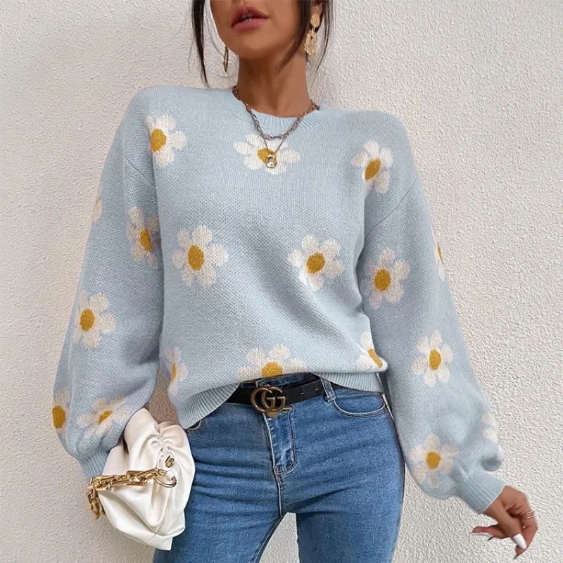 Autumn Winter New College Style Flower Knitted Coat Loose Fashion Round Neck Pullover Print Long Sleeve Sweater Women\'s Tops