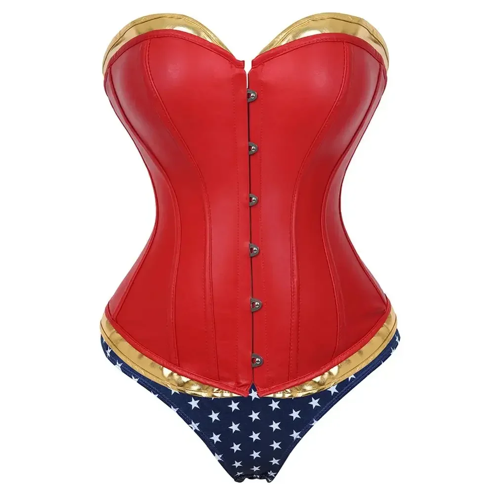 

Leather Lace-up Corset Steampunk Bustier Fashion Overbust Corsets Burlesque Basque Top Red Gold Sexy Cosplay Costumes