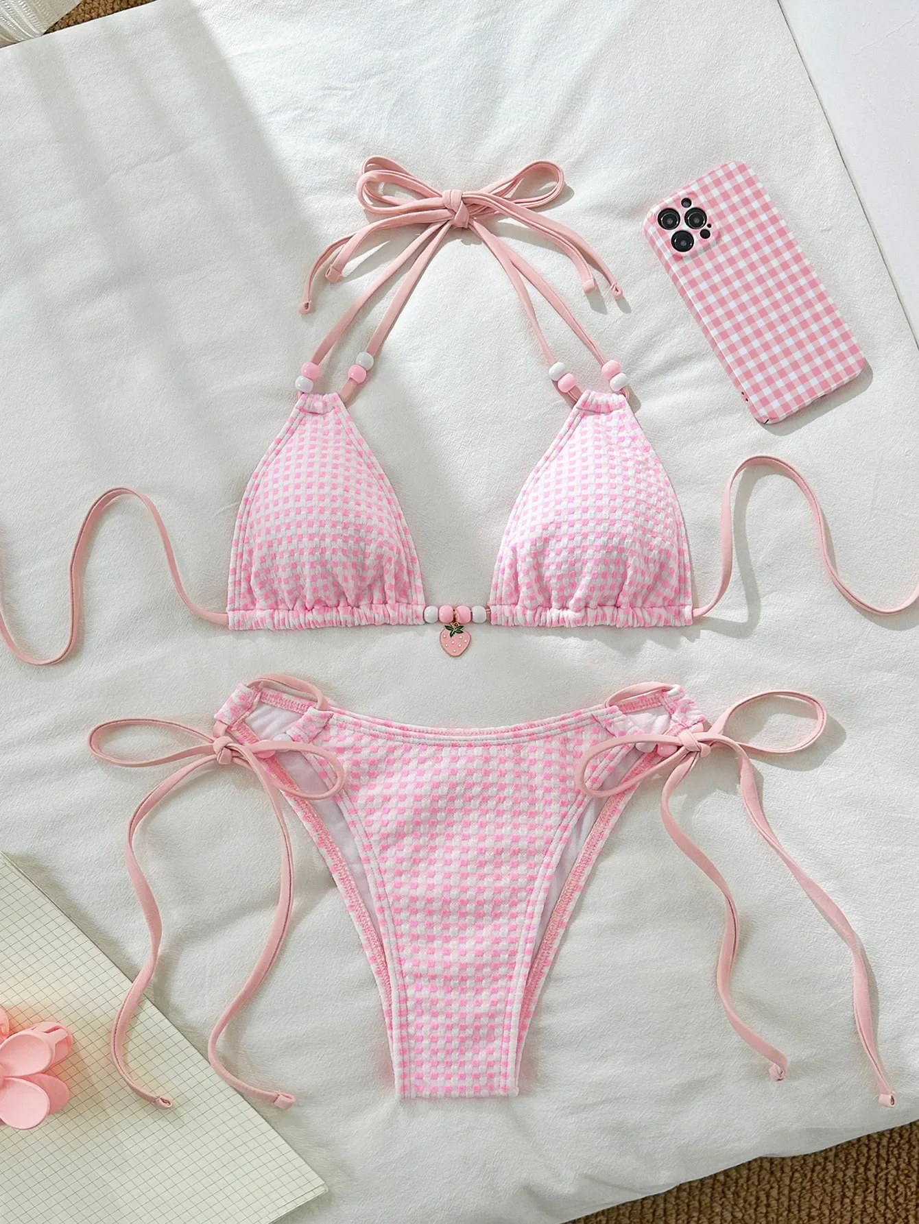 

Sexy Pink Plaid Bikinis Sets Women Bead String Strap Push Up Drawstring Side Thong Swimsuit 2025 Beach Bathing Suit Swimwear